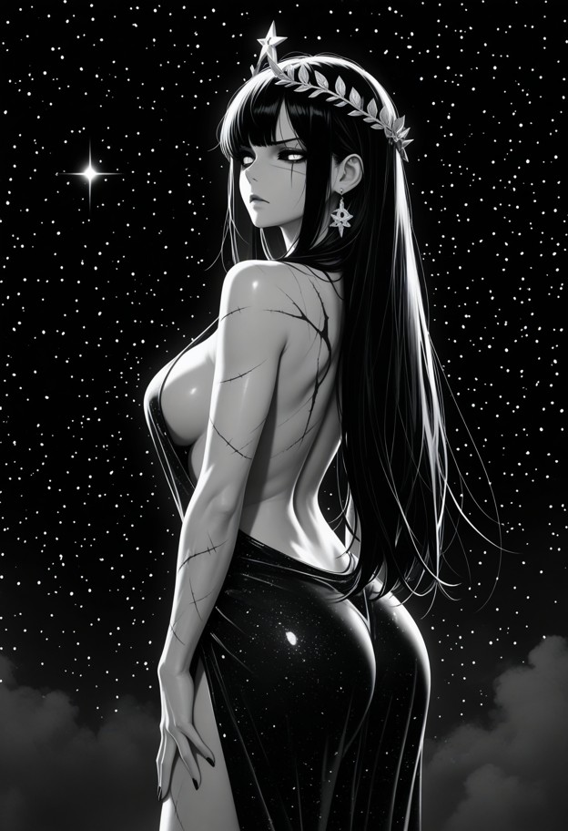 a celestial woman with an expression of intense focus and divine 
ecstasy,eyes wide and shimmering with starlight. sh…