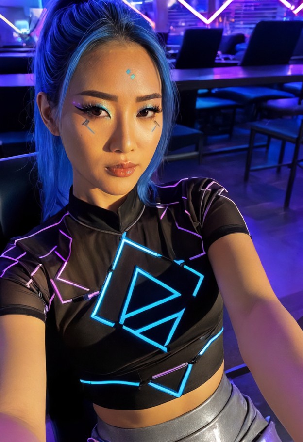 she is touching her collarbone,black silk blouse,grey skirt,neon-lit university lounge,blue and purple lights,modern …