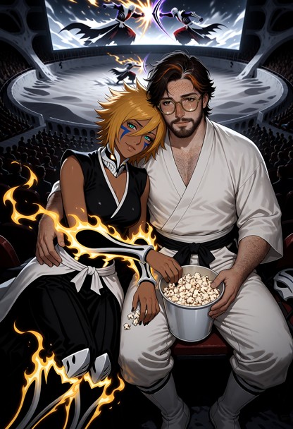 Create a highly detailed cinematic anime-style scene set in a large outdoor fighters' arena deep within Hueco Mundo, …