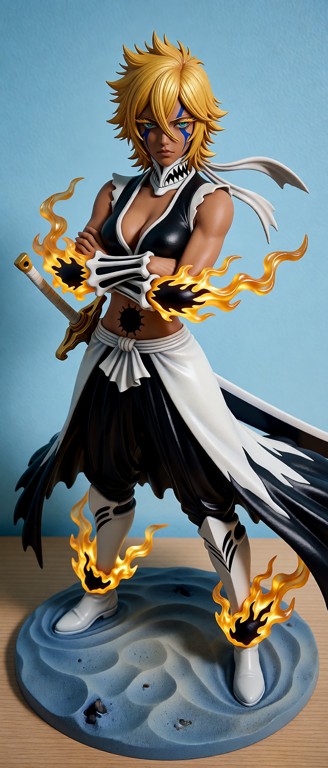 Create a highly detailed cinematic product-style image of Tier Harribel as a premium PVC plastic collectible figure, …