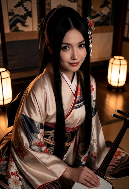 Location: a traditional dimly lit room with soft amber light from paper lanterns casting warm glows on the polished w…