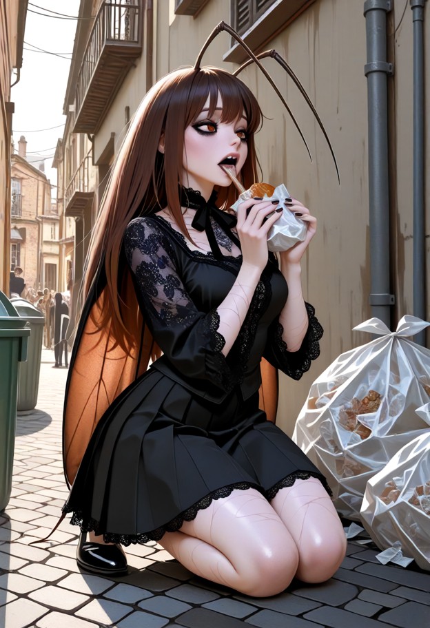 a she is is kneeling on the pavement eating food,black lace gothic doll blouse,dark pleated skirt,black patent leathe…