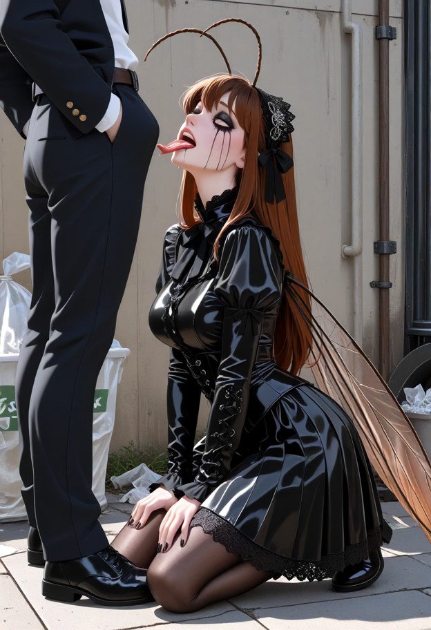 crawli is kneeling on the pavement looking upward,black lace gothic doll blouse,dark pleated skirt,black patent leath…