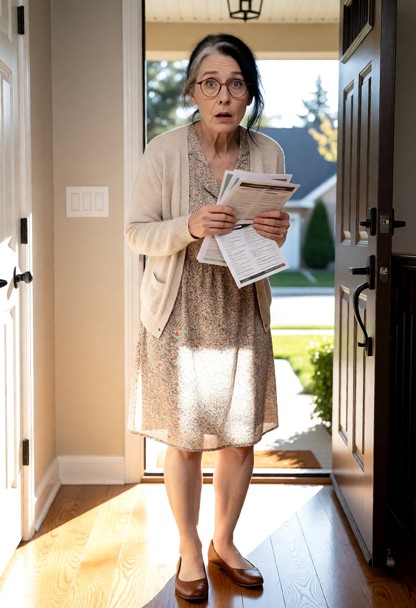 Location: bright afternoon in a suburban hallway near an open front door, with soft sunlight streaming through the en…