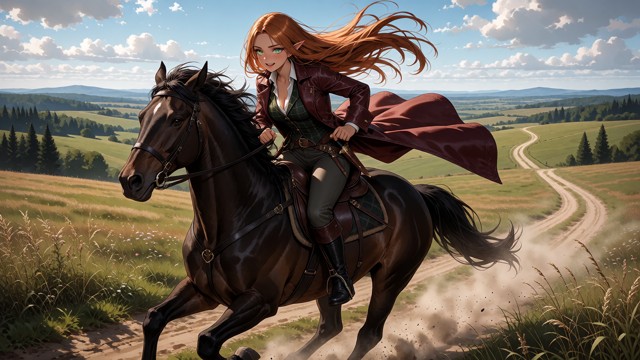 Location: a sweeping medieval countryside beneath a bright partly cloudy sky, with rolling green hills, distant fores…