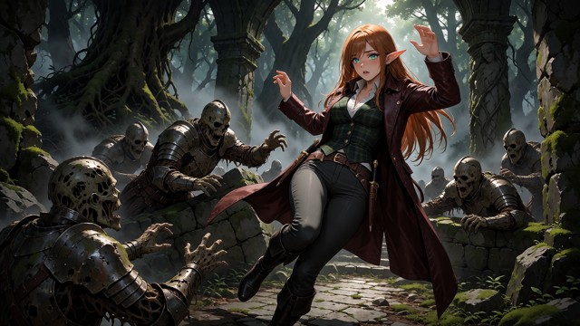 Location: ancient forest ruins deep beneath a dense, overgrown woodland. Massive moss-covered stone pillars, crumblin…