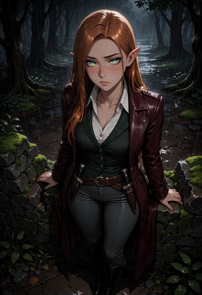 Location: a dim, rainy forest setting beneath a moss-covered stone wall, where the heavy grey light of the storm cast…