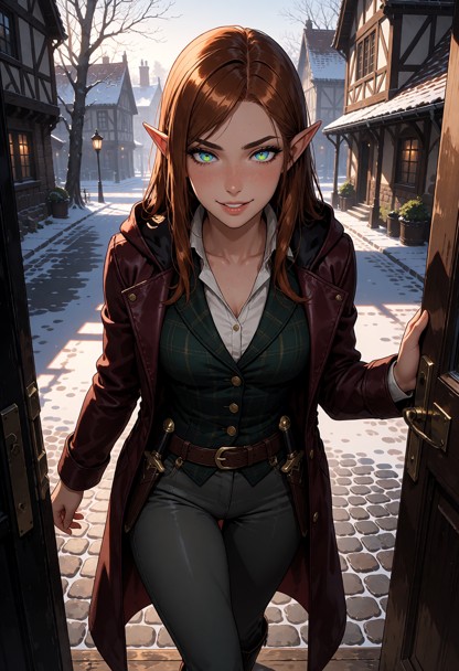 Location: a quiet street outside the inn during the crisp, bright morning, with the soft, pale sunlight of dawn illum…