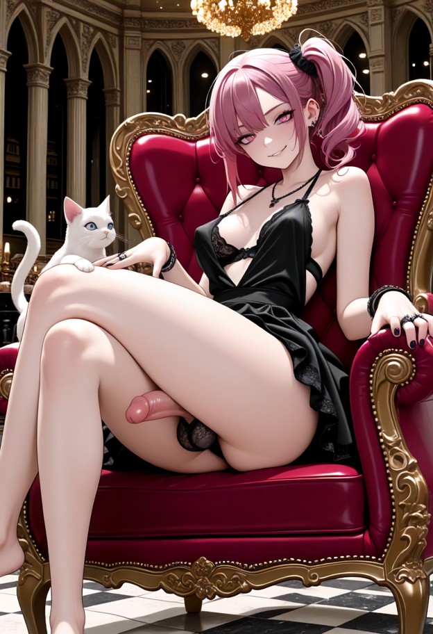 futa,sitting on armchair,red velvet armchair,black lace bra,black lace panties,black gothic dress,plunging neckline,c…