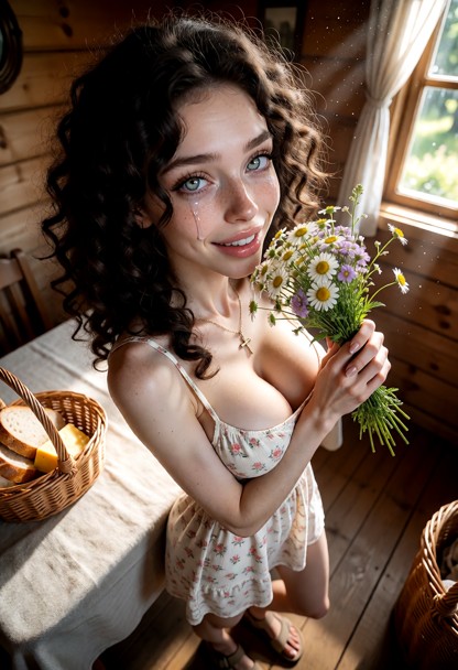 Location: inside a cozy small cottage with warm wooden walls, sunlight filtering through a window where dust motes da…