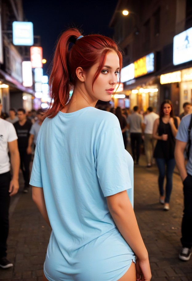 a sexy she is is walking through the crowd holding a hand and looking back over her shoulder,oversized blue cotton sh…