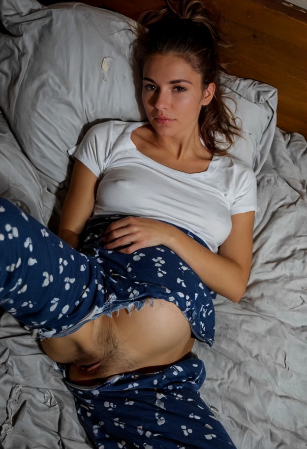 she is is lying on the bed,blue cotton pajama pants,white cotton t-shirt,dimly lit bedroom,dilapidated house,wooden b…