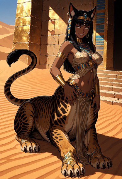 Location: bright desert afternoon outside a golden stone temple, with harsh sunlight casting sharp shadows across the…