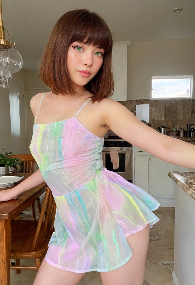 she is,dancing,shaking hips,short dress,silk dress,sunlit kitchen,marble countertops,wooden dining table,medium shot,…