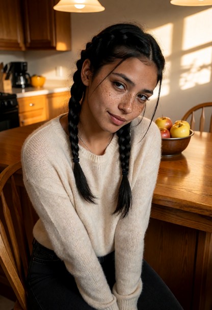 Location: cozy, warm-lit kitchen filled with the sweet scent of baked apples, where soft golden light from overhead l…
