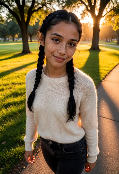 Location: lush public park during a golden sunset with warm amber light filtering through the canopy of trees, castin…
