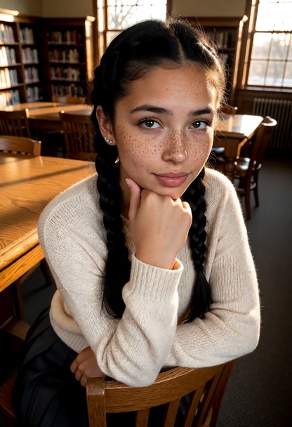 Location: quiet university library during the late afternoon with warm sunlight slanting through large windows across…
