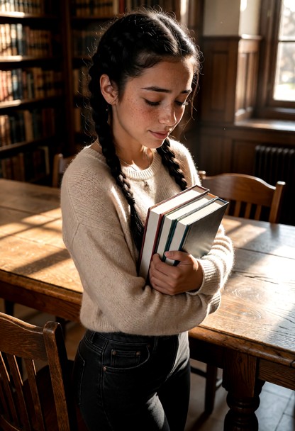 Location: quiet university library during the late afternoon with warm sunlight slanting across heavy oak tables and …