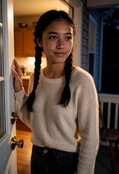 Location: cozy, warm-lit kitchen near the open doorway, where the soft golden light from the indoor lamps spills out …