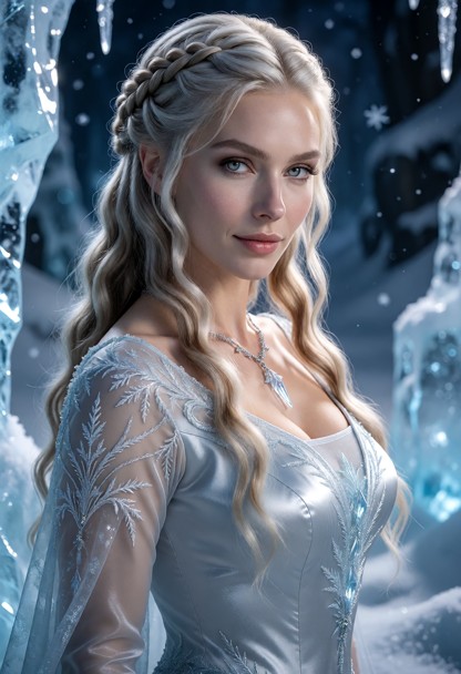 Location: a mystical, frost-covered outdoor setting at twilight with shimmering snowflakes drifting through the air a…