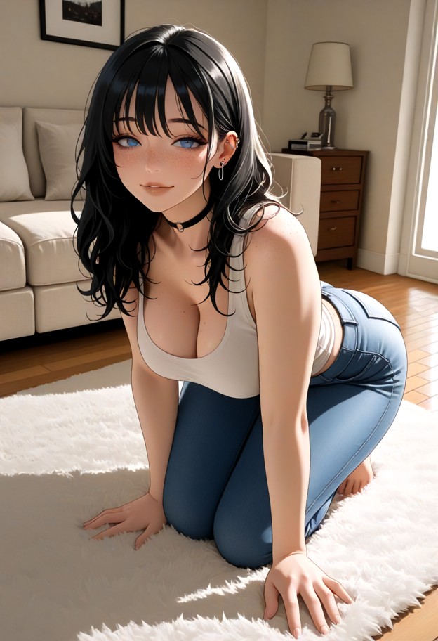rin is leaning forward on her knees and tracing the viewer's jaw,white cotton tank top,light-wash denim jeans,bare,su…
