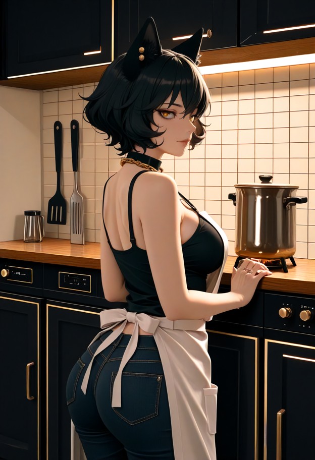 kali belladonna stands near the counter and reaches out to straighten a collar,white cotton apron,black silk camisole…