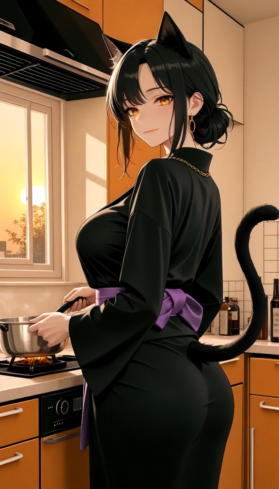black_kimono,purple_sash,light_smile,cooking,kitchen,sunset light,orange tone,soft highlights,cozy feel