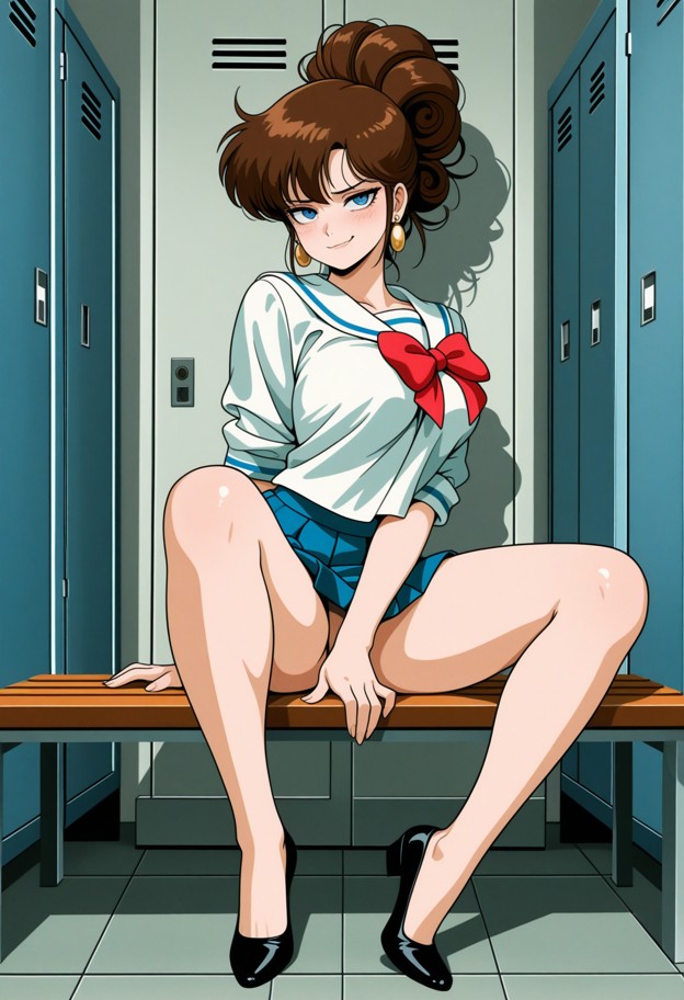 1girl,solo,slim girl,young,sitting on bench,holding hair,arching back,80s school uniform,short skirt,revealed breasts…