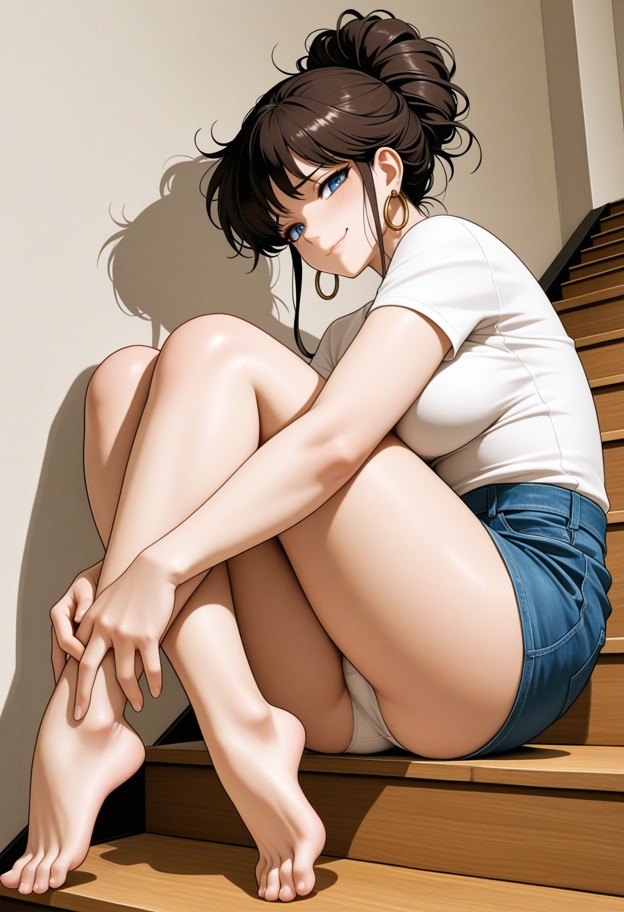 a picture of a girl sitting on a wooden stairs,barefeet with feet on stairs and knees close to her body. she is weari…