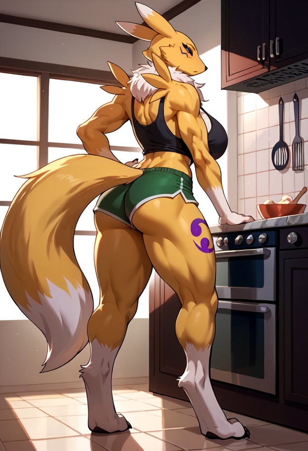 1girl standing near kitchen island,white marble countertop,tight green shorts,loose black tank top,frontal view,posin…