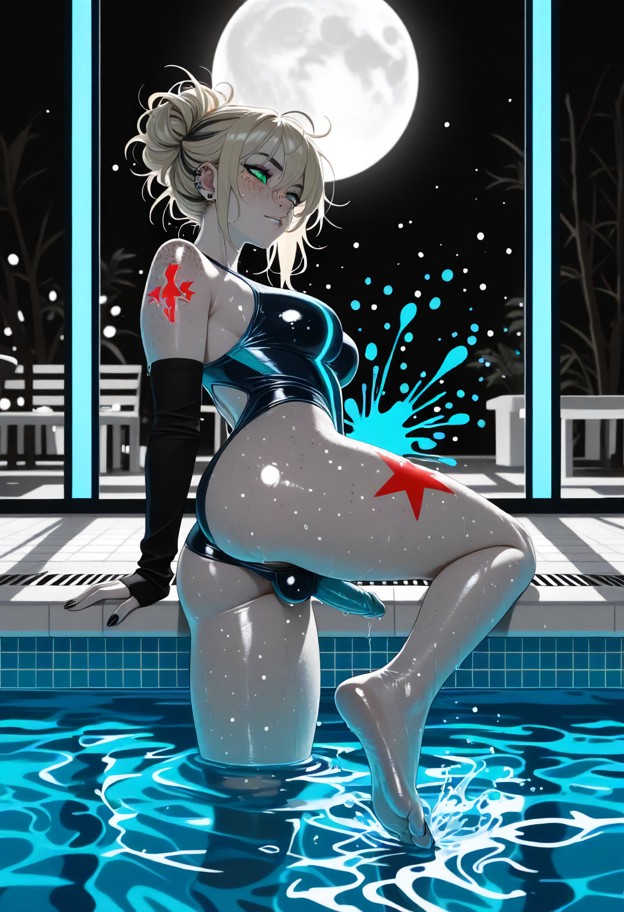 (selective color photography:1.8),(color splash effect:1.5),monochrome black and white background,(indoor swimming po…