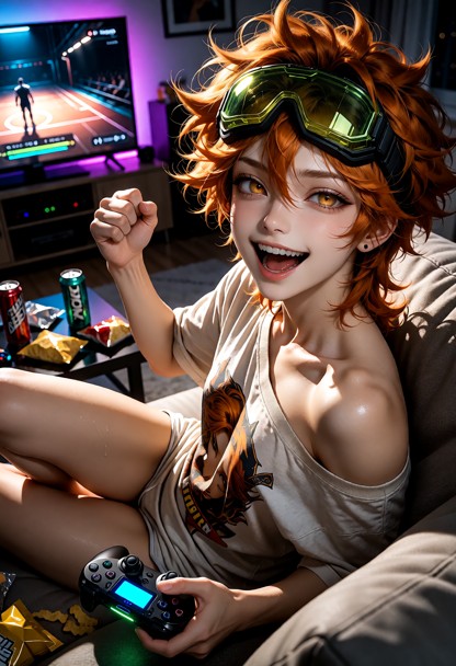 A highly detailed sexy and cute image of Ed celebrating a gaming win on her living room couch at night. She has fair …