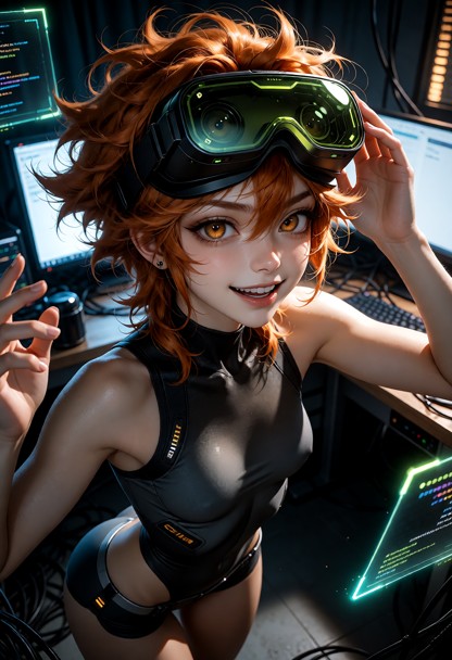 A highly detailed sexy and cute image of Ed debugging in a VR headset at night. She has fair skin and a slim, slender…