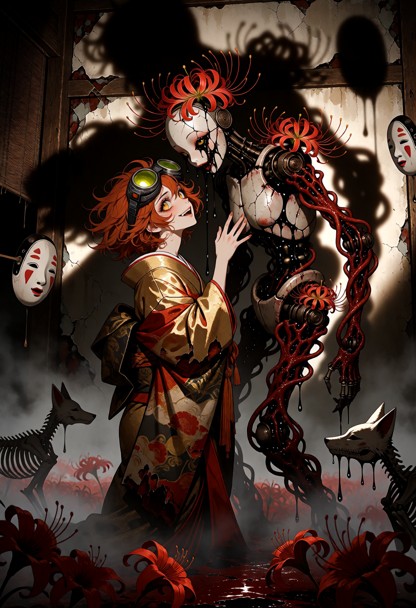 a terrifying cinematic horror scene in the style of silent hill f. in the center of a decaying, fog-drenched japanese…