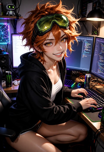 A highly detailed sexy and cute image of Ed, a young transgender woman and talented hacker, working late in her clutt…