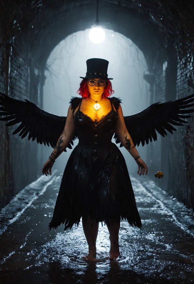 vertical portrait,aspect ratio. a masterpiece of dark cinematic photography. a battle-worn female traveler with icy s…