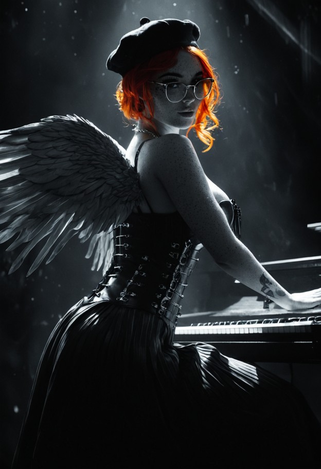 cinematic wide shot from behind a female organist in an elegant long dark gothic dress. the organ is a monumental mas…