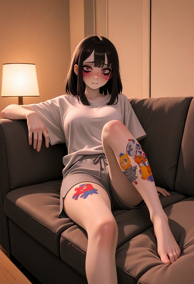 The video shows a woman with her legs up. She lowers her leg down to her face.