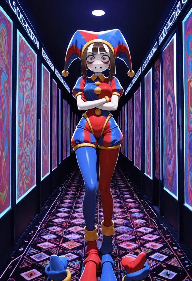 pomni stands with her arms crossed and stomping her,angry,red and blue jester hat,red and blue two-tone tunic,red and…