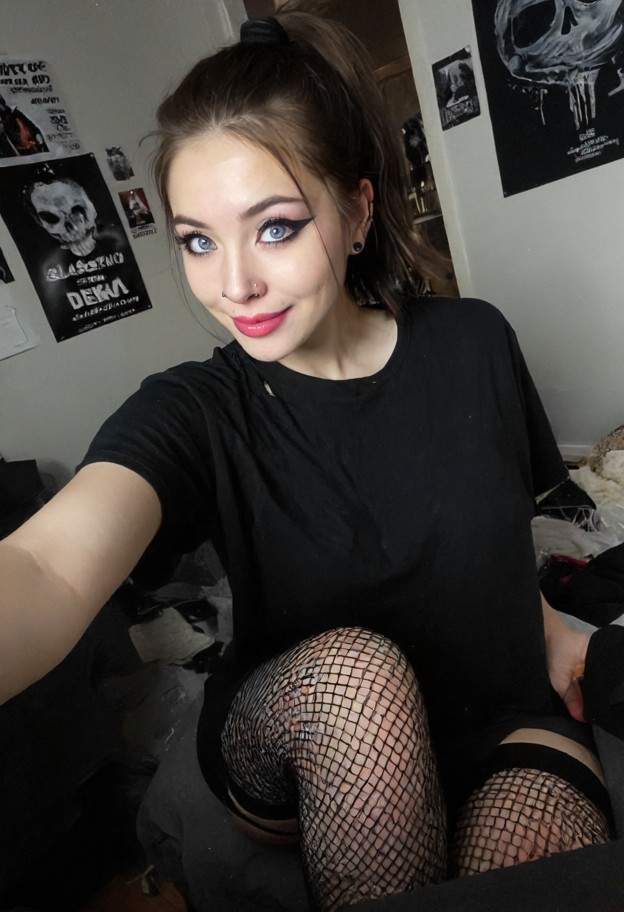 she is smiling,oversized dark cotton shirt,black ripped fishnet stockings,dim small apartment,black posters,cluttered…