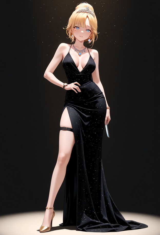 ame stands facing the viewer holding a small knife,black dress,silver tiara,silver earrings,silver watch,black thigh …
