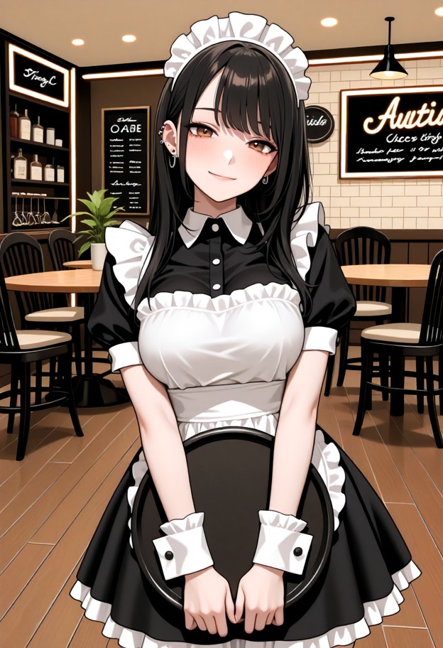she is holding a tray in a cafe,maid outfit,black dress,white apron,maid headdress,frilled dress,puffy short sleeves,…