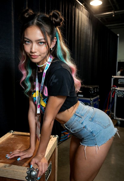 Nix Srisawat is leaning forward over a wooden equipment crate. She tilts her hips back and looks back over her should…