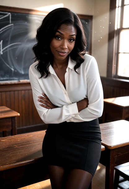 Location: a sunlit classroom during the afternoon with polished wooden desks, a large chalkboard covered in faint whi…