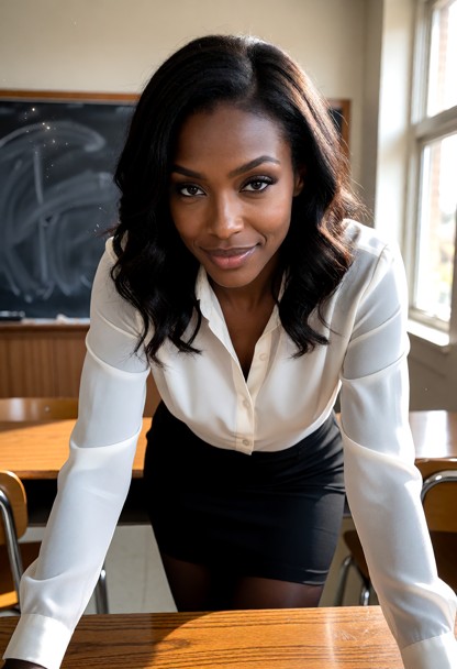 Location: a sunlit classroom during the afternoon with polished wooden desks, a large chalkboard covered in faint whi…