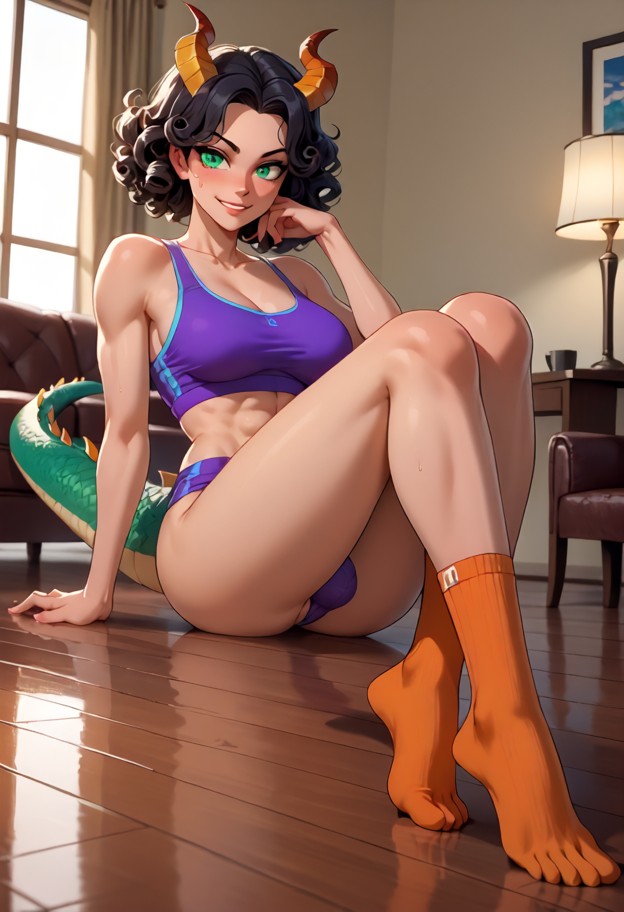 1futa,smirking,green tail,leaning against left armrest in relaxed pose,wearing purple sports bra,orange sweat bands o…
