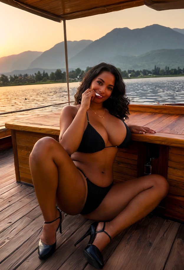 she is sitting on her heels wiping her mouth,black micro bikini top,black micro bikini bottom,luxury wooden houseboat…
