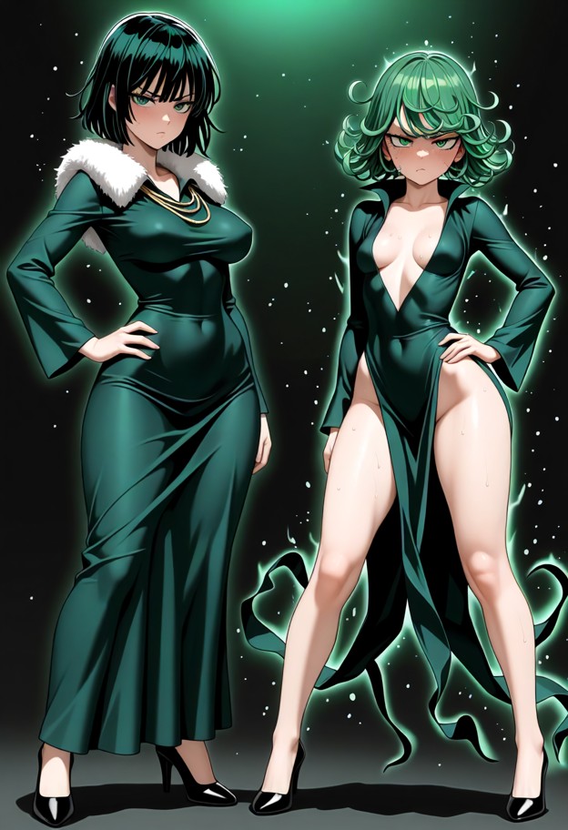2 girls,tatsumaki tiny petite short stature green dress pulled down low exposing boobs cape aside,fubuki tall gracefu…