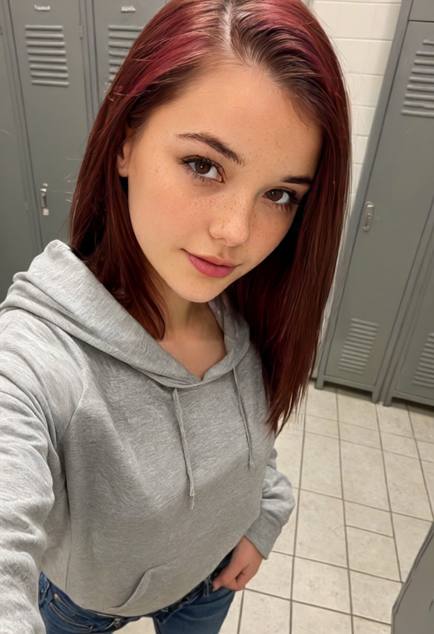 she is is standing by her open locker,wearing grey hoodie and blue jeans,empty school hallway,metal lockers,tiled flo…
