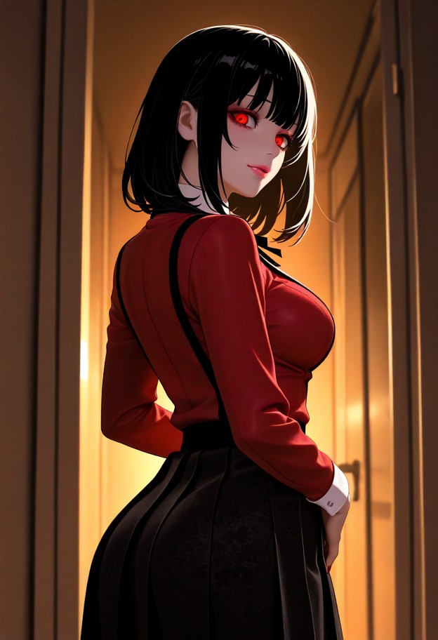 yumeko jabami is walking forward and embracing the viewer with a happy expression,red silk blouse,black pleated skirt…